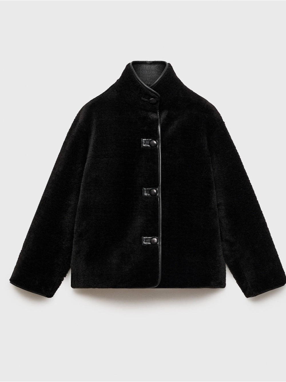 Mango Short Faux Fur Coat Black Oversized High Neck Leather Trim XS New NWT